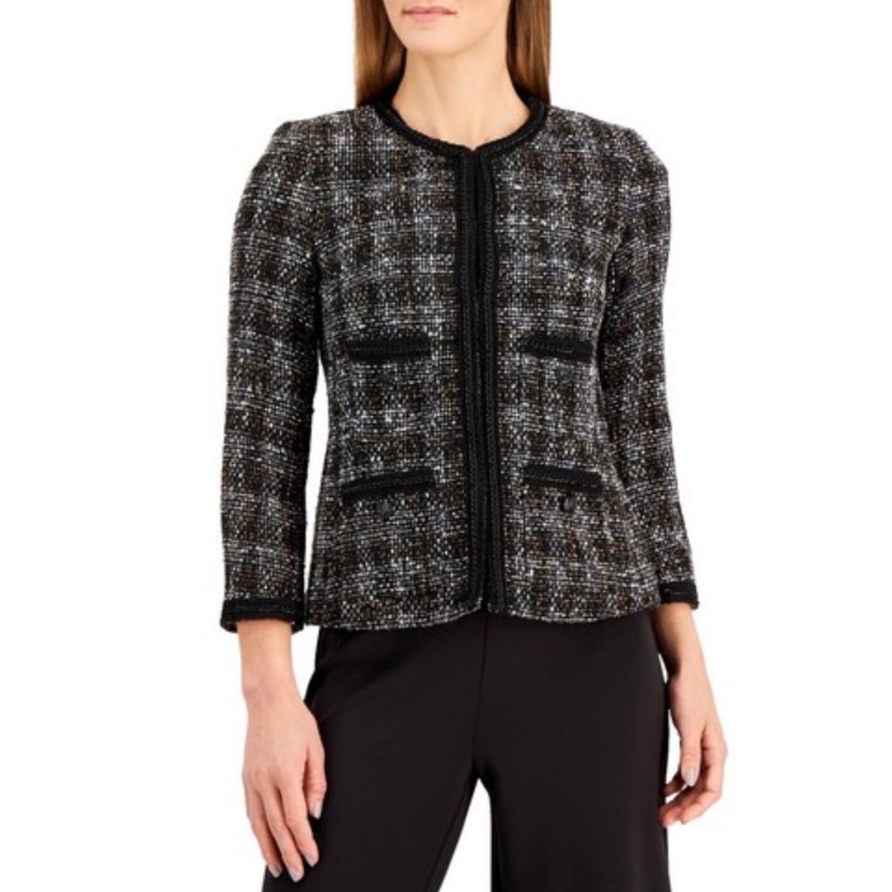 Anne Klein Tweed Fringe Jacket in Anne Black Combo, Size 4, NWT